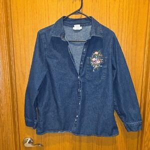 Vintage Dark Blue Denim Button-Down Shirt with Embroidered Pocket